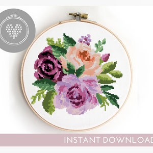 Padrão de ponto cruz para buquê em PDF | Design de presente de casamento com folhas florais | Amostra fácil faça você mesmo | Gráfico de ponto x contado