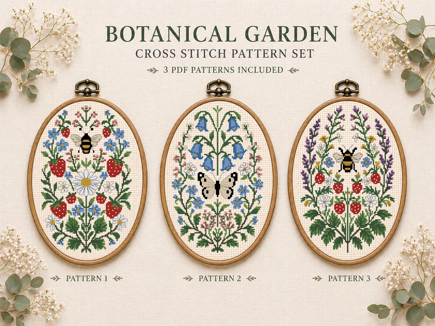 Botanical Oval Cross Stitch Pattern Set, Strawberry Bee Butterfly ...