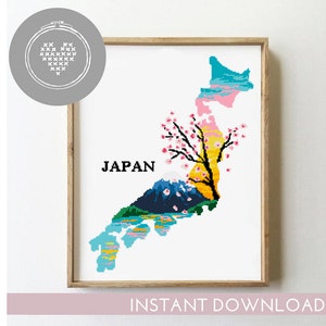 Japan Kreuzstichmuster PDF | Natur Landschaft Silhouette | DIY Zählvorlage