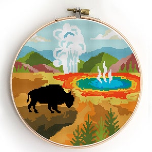 Yellowstone National Park Cross Stitch Pattern: Buffalo & Landscape (PDF)