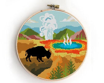 Yellowstone National Park Cross Stitch Pattern: Buffalo & Landscape (PDF)