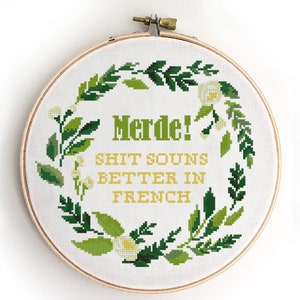 Merde counted cross stitch pattern funny quote floral wreath flowers easy design chart leaves - Cross Stitch Pattern (Digital Format - PDF)