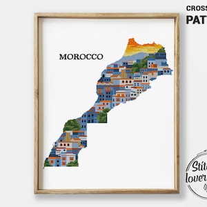 Marokko Kreuzstichmuster PDF | Landschaft Silhouette Xstitch | Natur-Reise-Stickerei | DIY Gezählt Diagramm für Modernes Dekor