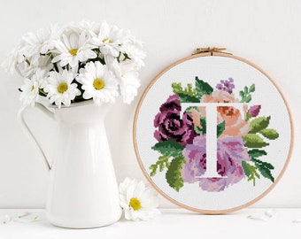 Letter T counted cross stitch pattern monogram floral peony roses bouquet nursery baby wedding - Cross Stitch Pattern (Digital Format - PDF)