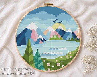 Pastel Mountain Landscape Cross Stitch Pattern, Lake Scenery Embroidery, Modern Nature PDF Pattern