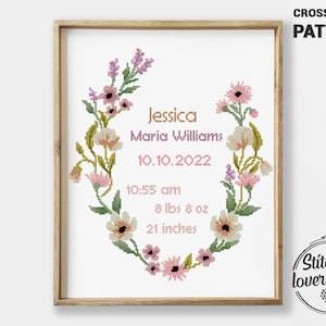 Padrão de ponto cruz para anúncio de nascimento de flores silvestres em PDF | Amostra de nome de bebê personalizado | Design floral para berçário | Gráfico de ponto cruz faça você mesmo