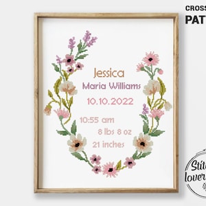 Wildflowers birth announcement counted cross stitch pattern baby nursery personalized flower - Cross Stitch Pattern (Digital Format - PDF)