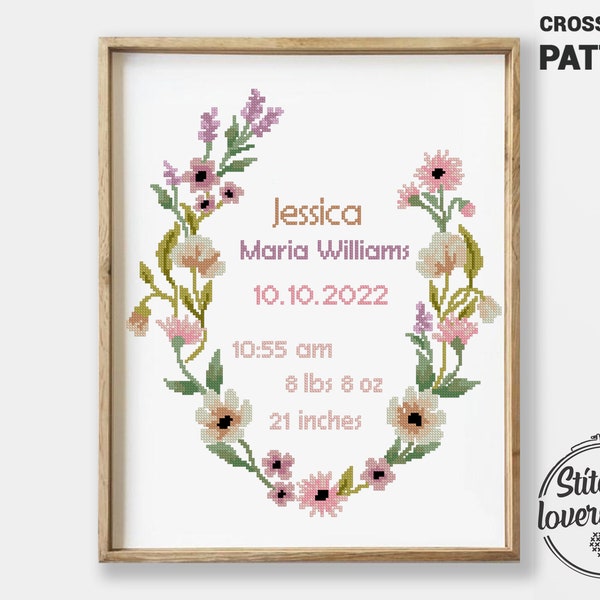 Wildflowers birth announcement counted cross stitch pattern baby nursery personalized flower - Cross Stitch Pattern (Digital Format - PDF)