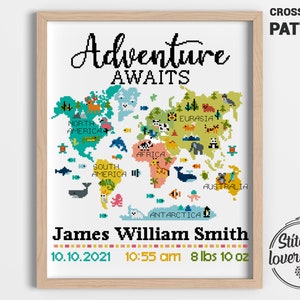 World map cross stitch pattern birth announcement xstitch easy DIY chart  - Cross Stitch Pattern (Digital Format - PDF)