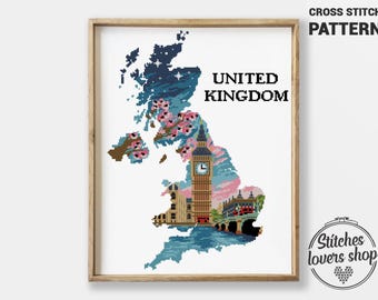 London Skyline Cross Stitch Pattern PDF | UK City Landscape Embroidery Chart | Travel England Modern DIY Xstitch Design