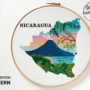 Nicaragua Kreuzstichmuster | Natur Landschaft Silhouette | Moderne DIY Kreuzstichvorlage | Stickdatei PDF zum ausdrucken