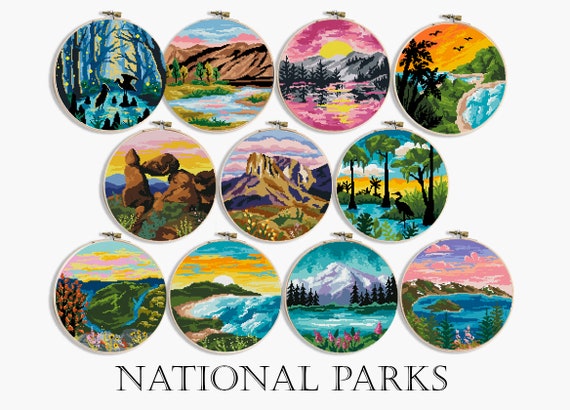 Kreuzstich-Set 'Olympic National Park' – Vollständiges Starterkit Mit Stoff, Fäden & 4 Farbigen Vorlagen