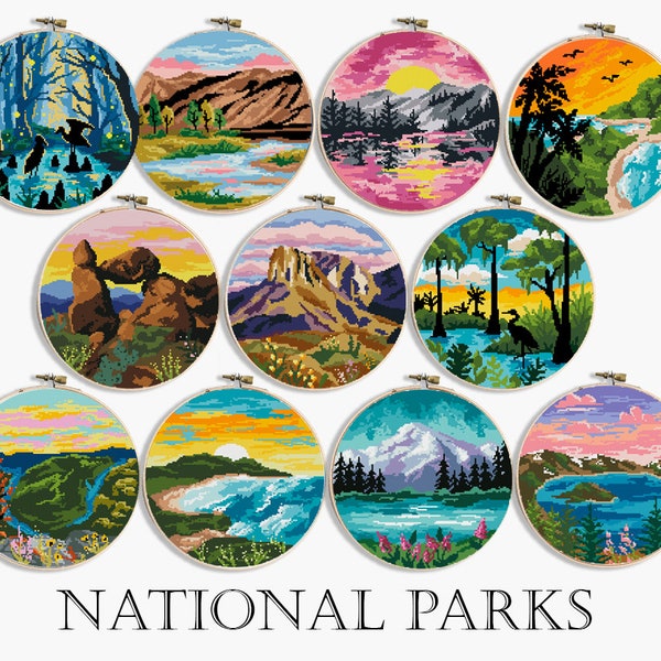 Set of 11 national parks counted cross stitch patterns Great Basin Big Bend  Congaree Wind Cave- Cross Stitch Pattern (Digital Format - PDF)