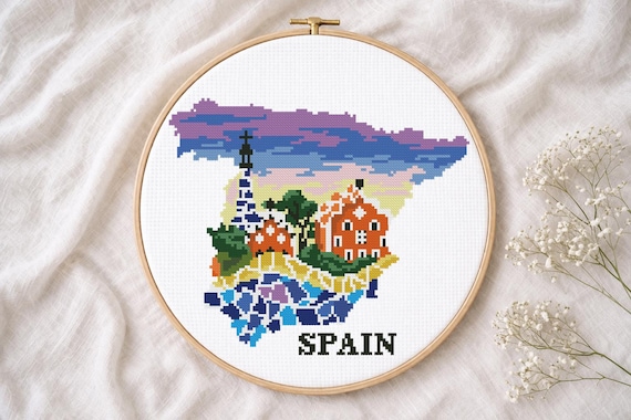 Spain Map Cross Stitch Pattern, Barcelona Silhouette, Travel Landscape Chart (PDF Download)