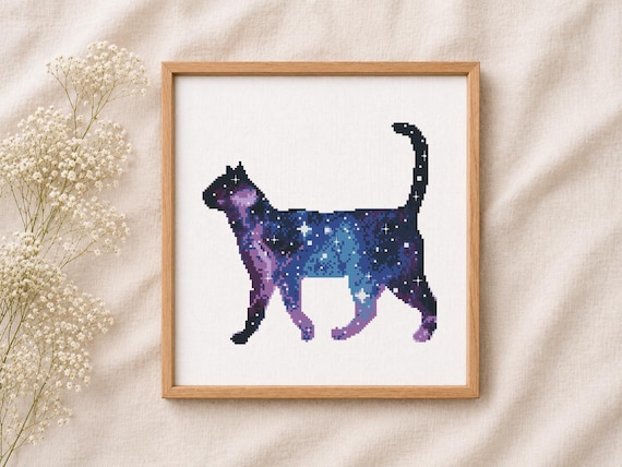 Galaxy Cat Cross Stitch Pattern PDF, Cosmic Cat Embroidery Design, Space Cat Cross Stitch, Celestial Animal Pattern, Instant Download