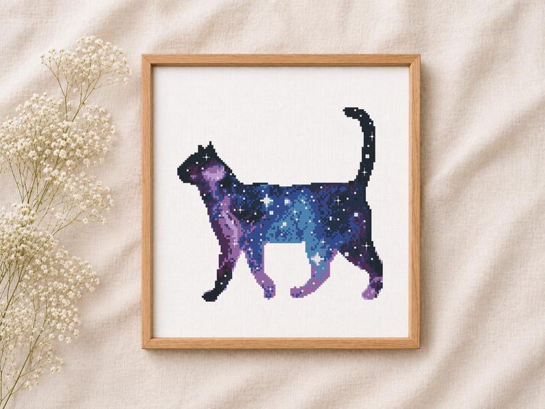 Galaxy Cat Cross Stitch Pattern PDF, Cosmic Cat Embroidery Design, Space Cat Cross Stitch, Celestial Animal Pattern, Instant Download image 1
