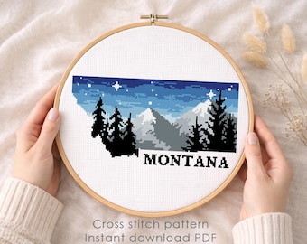 Montana State Cross Stitch Pattern, Montana Landscape Embroidery, Big Sky Country, Mountain Forest Scene, USA Travel Souvenir, Nature Art