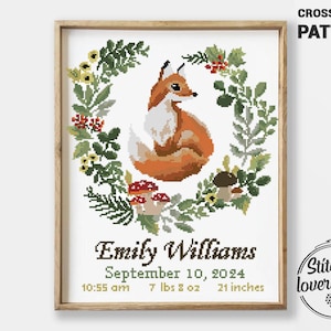 Blumen Fuchs Geburtsanzeige Kreuzstich Muster PDF | Tierkranz mit Blumen | Baby Sampler DIY Xstitch