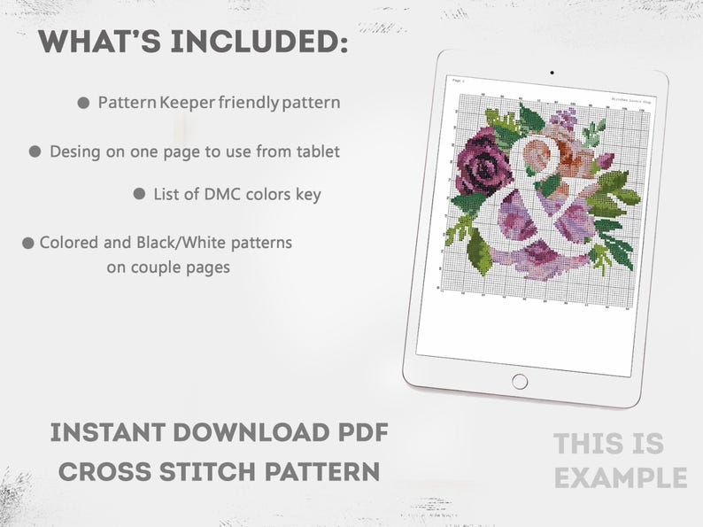 Puede incluir: Un patr&oacute;n de punto de cruz digital mostrado en una tableta. El patr&oacute;n presenta un dise&ntilde;o floral con el s&iacute;mbolo de la et. La imagen incluye el texto "WHAT'S INCLUDED:" y "INSTANT DOWNLOAD PDF CROSS STITCH PATTERN". El dise&ntilde;o floral incluye tonos de morado, rosa y verde.