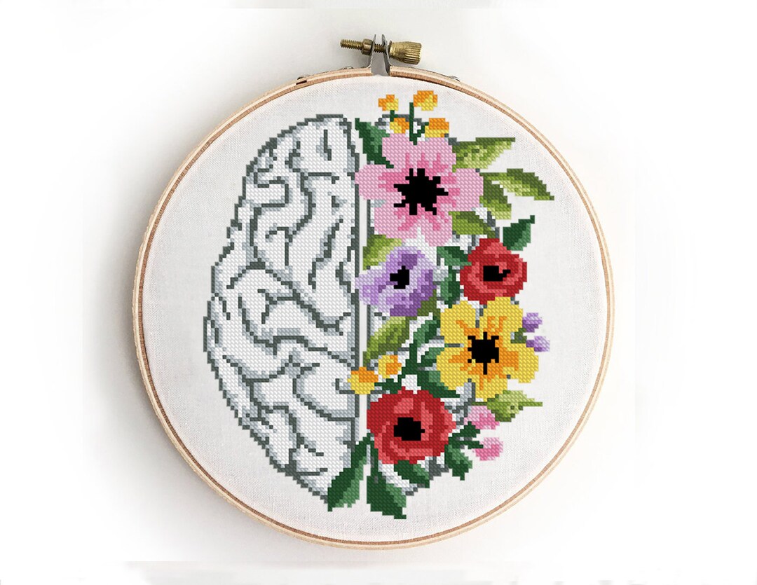 Floral Brain Cross Stitch Pattern | Modern Anatomy Xstitch | Easy