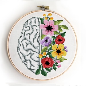 Floral Brain Cross Stitch Pattern | Modern Anatomy Xstitch | Easy DIY Chart | Creative Pattern PDF