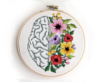 Floral Brain Cross Stitch Pattern | Modern Anatomy Xstitch | Easy DIY Chart | Creative Pattern PDF
