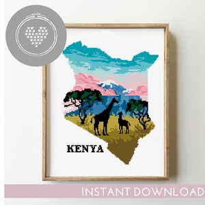 Patrón de punto de cruz de Kenia / Paisaje de jirafa natural / Gráfico de silueta DIY / Bordado moderno en PDF