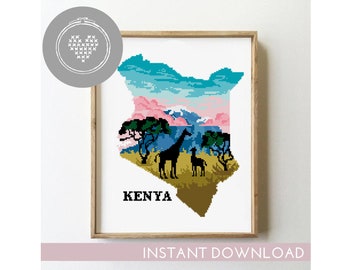 Kenya cross stitch pattern giraffe landscape nature xstitch DIY chart silhouette cross stitch - Cross Stitch Pattern (Digital Format - PDF)