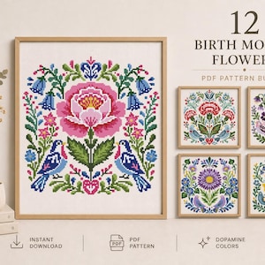 May include: A framed cross-stitch pattern bundle featuring 12 birth month flowers. The main image showcases a large pink flower with blue birds and green foliage. Smaller framed patterns are also displayed. The text reads "12 Birth Month Flowers PDF Pattern Bundle".