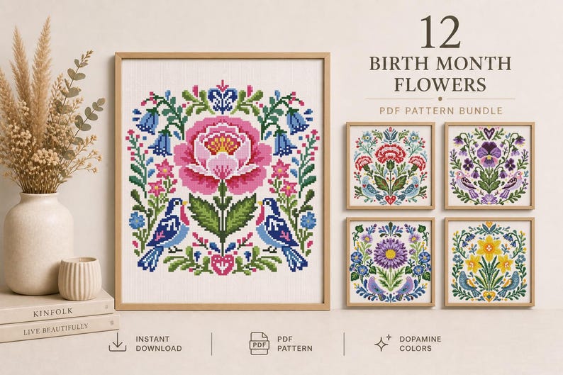 May include: A framed cross-stitch pattern bundle featuring 12 birth month flowers. The main image showcases a large pink flower with blue birds and green foliage. Smaller framed patterns are also displayed. The text reads "12 Birth Month Flowers PDF Pattern Bundle".