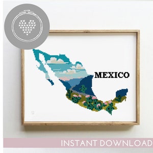 Mexiko Landschaft Kreuzstich Muster PDF | Natur Silhouette DIY Chart | Gezählter moderner Xstitch