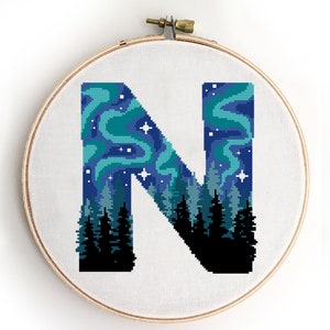 Letter N counted cross stitch pattern monogram night sky forest nursery northern lights kids - Cross Stitch Pattern (Digital Format - PDF)