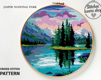 Jasper National Park Cross Stitch Pattern PDF | Canada Landscape Silhouette | Nature DIY Xstitch Chart
