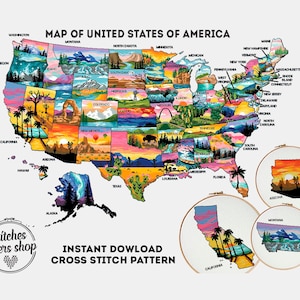 Modèle imprimable de point de croix de carte des Etats-Unis PDF | Graphique pour les États-Unis | Modèle Xstitch à téléchargement immédiat