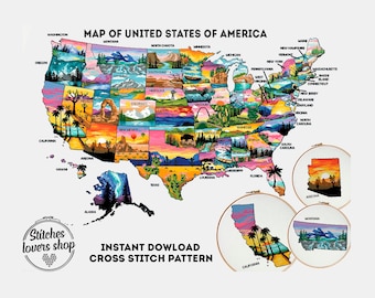 Patrón de punto de cruz del mapa de EE. UU. imprimible en PDF / Gráfico de Estados Unidos / Descarga instantánea Diseño de punto de cruz
