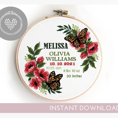 Floral Birth Announcement Cross Stitch Pattern Flowers Baby Etsy
