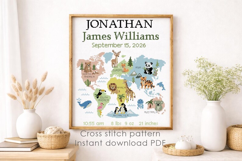 World Map Baby Cross Stitch Pattern, Birth Announcement Nursery Animals ...
