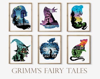 May include: Six framed illustrations of classic fairy tales, each featuring a silhouette of a character with a scene from the story inside. The illustrations are in a variety of colors, including blue, green, purple, and orange. The text "GRIMM'S FAIRY TALES" is printed below the illustrations.