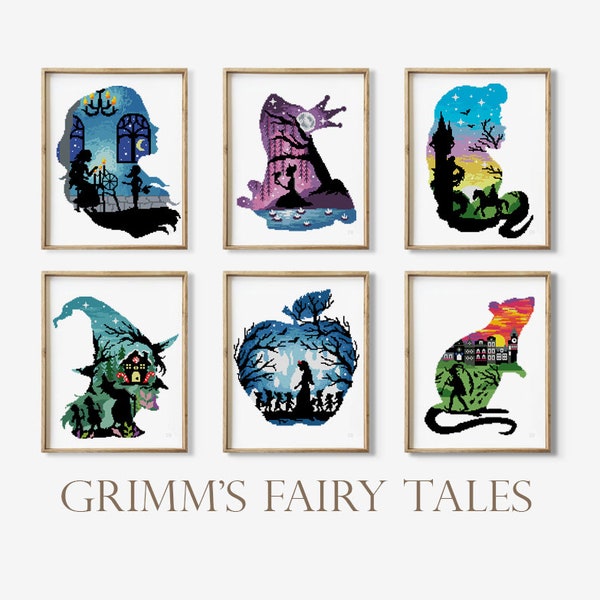 Fairy tales set counted cross stitch patterns animal witch landscape silhouette apple frog rat - Cross Stitch Pattern (Digital Format - PDF)