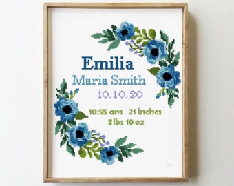 Floral wreath birth announcement counted cross stitch pattern flowers baby sampler new baby - Cross Stitch Pattern (Digital Format - PDF)