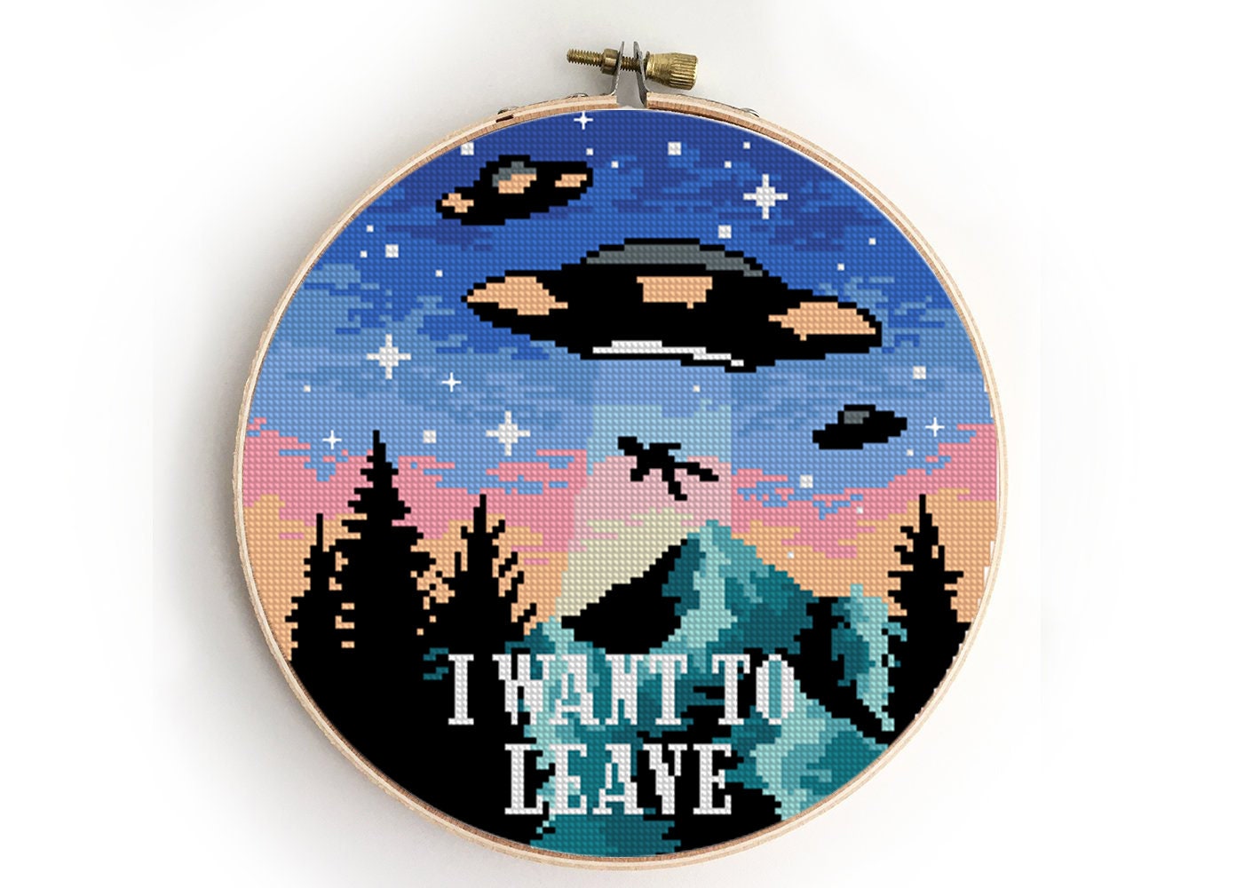 I Want to Leave Cross Stitch Pattern | UFO Aliens Landscape