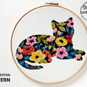 Kruissteekpatroon kat met bloemen | Pioenroos silhouet xstitch | Kaart dierenbloemen | Rode doe-het-zelfpatroon pdf