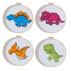 Set of funny dinosaurs cross stitch pattern animals cute bright baby nursery girl boy counted - Cross Stitch Pattern (Digital Format - PDF)