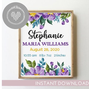 Floral bouquet birth announcement counted cross stitch pattern baby nursery personalized flower- Cross Stitch Pattern (Digital Format - PDF)