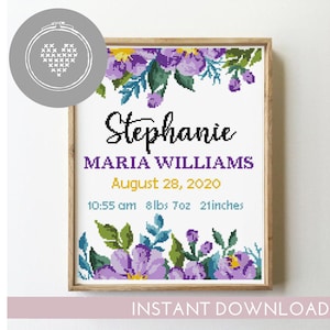 Bloemen geboortekaartje kruissteekpatroon pdf | Merknaam babynaam | X-stekentabel bloem kinderkamer