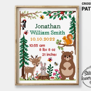 Forest counted cross stitch pattern easy chart DIY birth announcement animals baby shower gift - Cross Stitch Pattern (Digital Format - PDF)