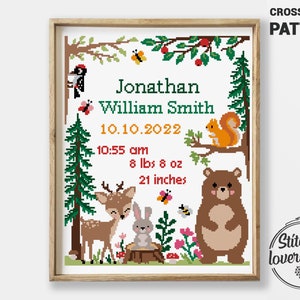Patrón de punto de cruz para anunciar el nacimiento de un bebé en el bosque (PDF) / Muestra de animales bebés / Gráfico fácil de hacer para baby shower