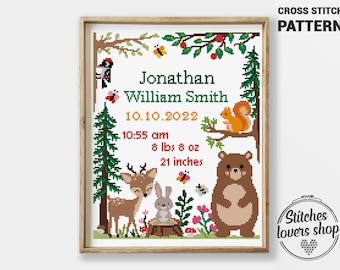 Forest counted cross stitch pattern easy chart DIY birth announcement animals baby shower gift - Cross Stitch Pattern (Digital Format - PDF)