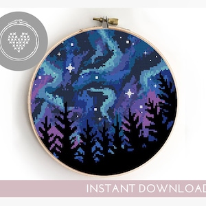 Northern Lights Cross Stitch Pattern: Galaxy Forest Landscape (PDF)