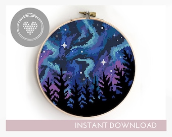 Northern Lights Cross Stitch Pattern: Galaxy Forest Landscape (PDF)